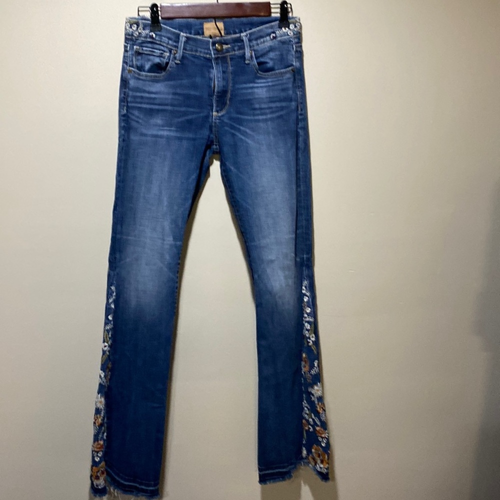 DRIFTWOOD Farrah Embroidered Wide leg flare frayed distress hem jean sz 27